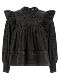 Ganni Washed Denim Frill Blouse — Black