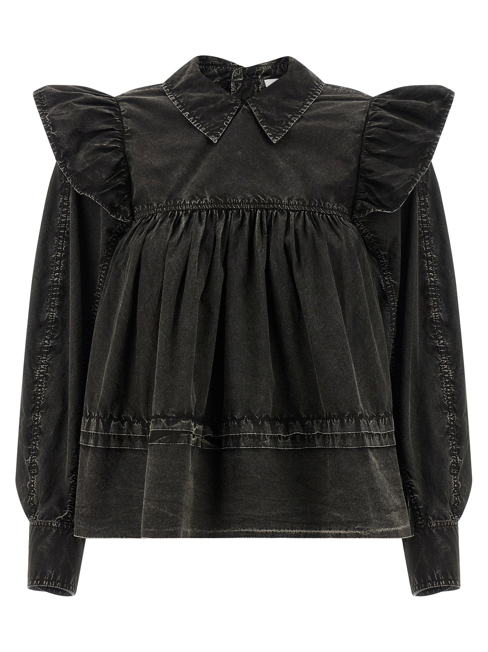 Ganni Washed Denim Frill Blouse — Black