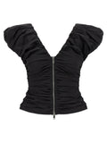 Ganni Ruched Stretch Cotton Blouse — Black