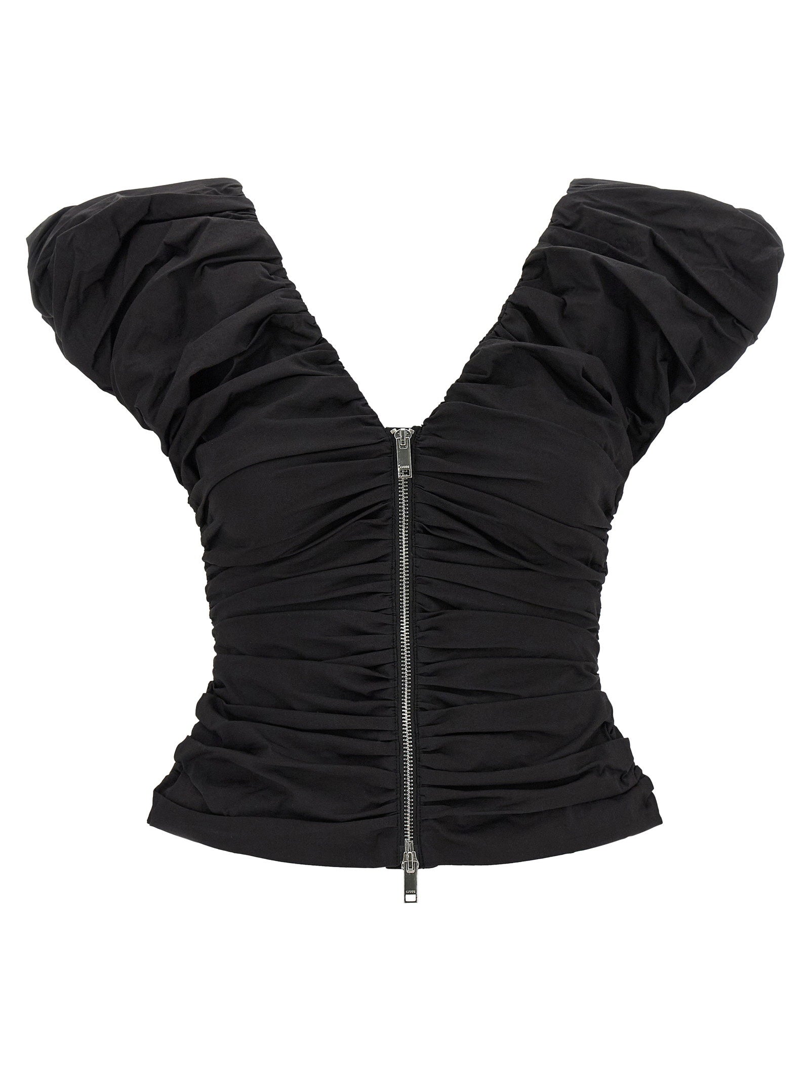 Ganni Ruched Stretch Cotton Blouse — Black