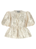 Ganni Satin Jacquard Peplum Blouse — Cream