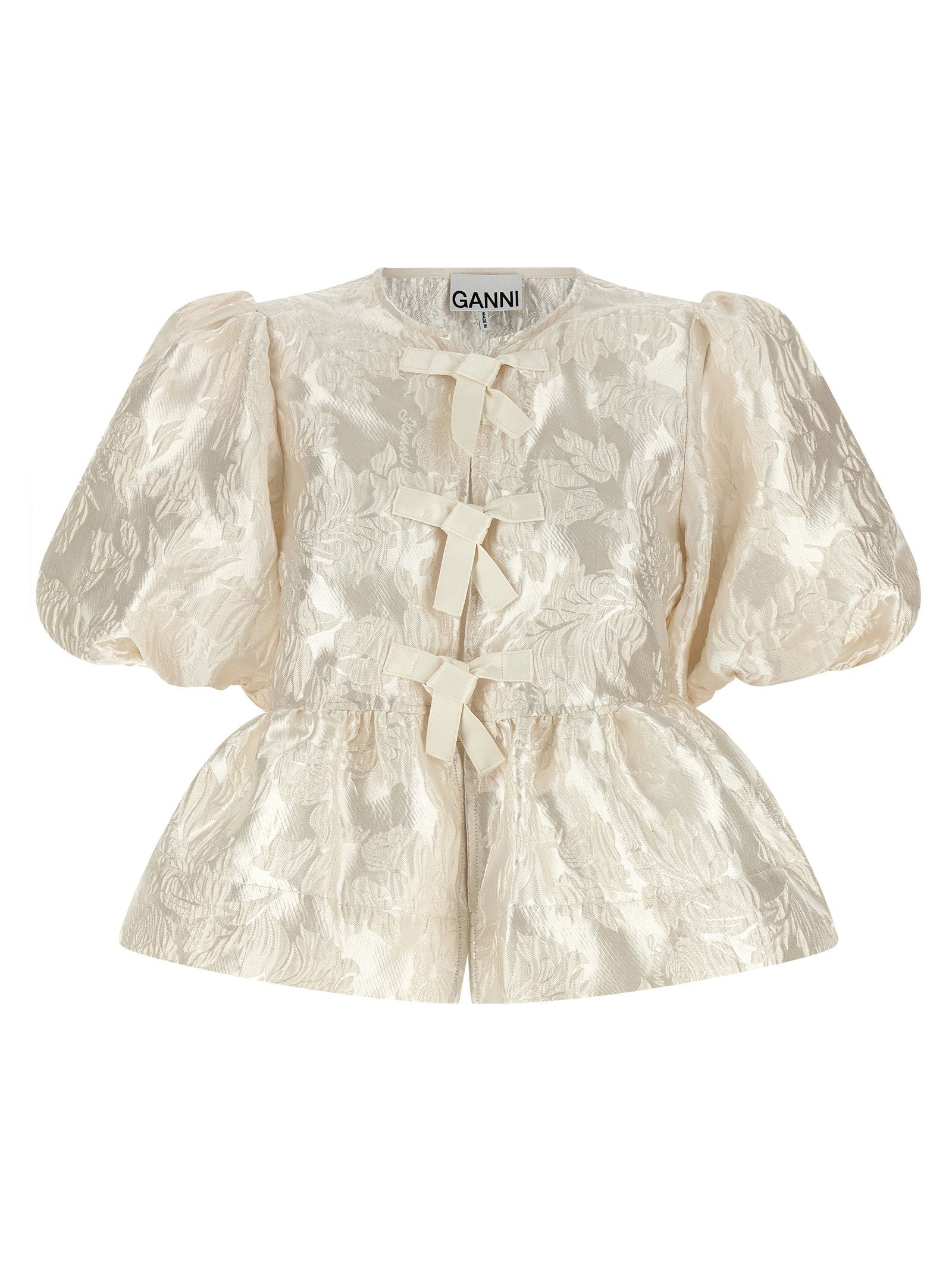 Ganni Satin Jacquard Peplum Blouse — Cream