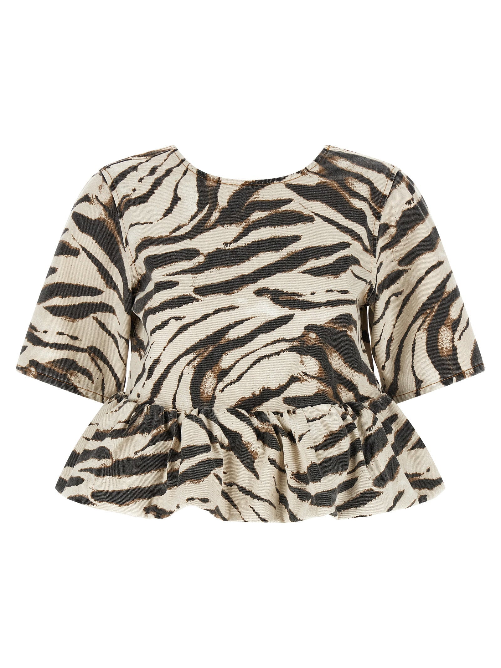 Ganni Zebra-Print Denim Blouse — Cream