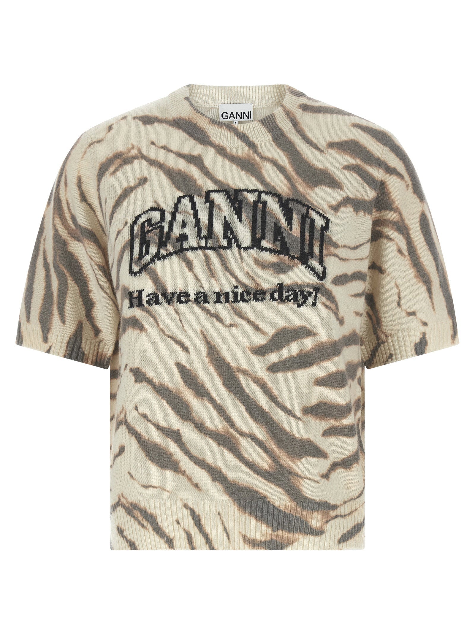 Ganni Zebra-Print Intarsia Sweater — Cream
