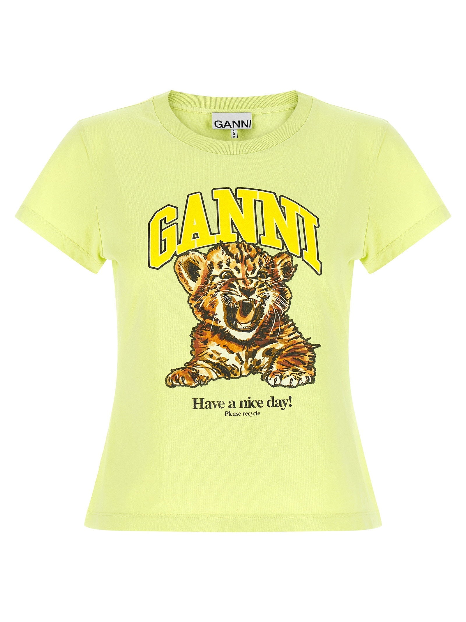 Ganni Tiger-Print Cotton T-Shirt — Yellow