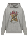 Ganni Tiger-Graphic Cotton Hoodie — Grey