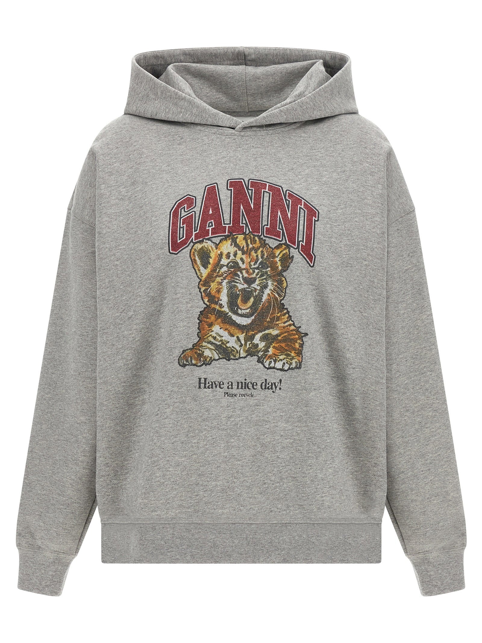 Ganni Tiger-Graphic Cotton Hoodie — Grey