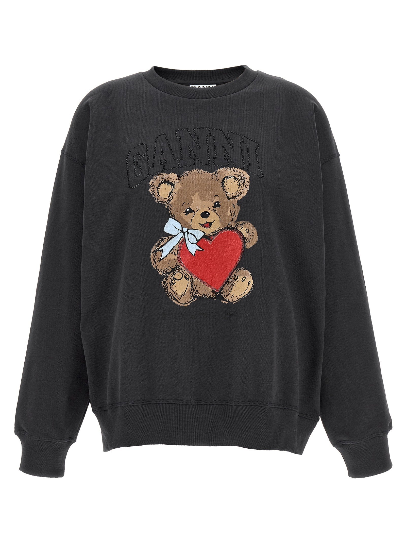 Ganni Bear-Print Crewneck Sweatshirt — Black