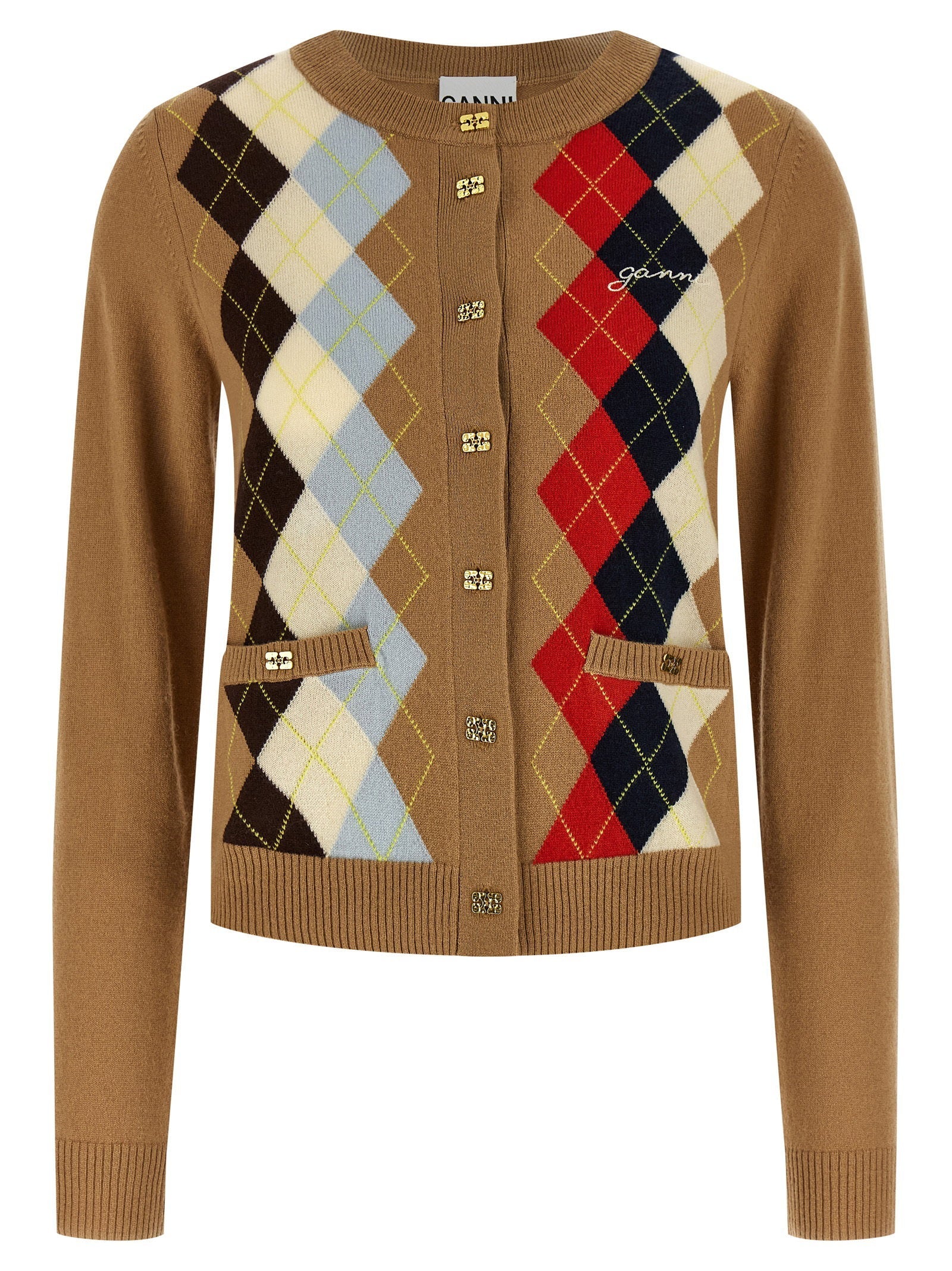 Ganni Argyle-Patterned Cashmere Blend Cardigan — Camel