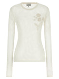 Ganni Pointelle Cotton with Floral Appliqué Sweater — Cream