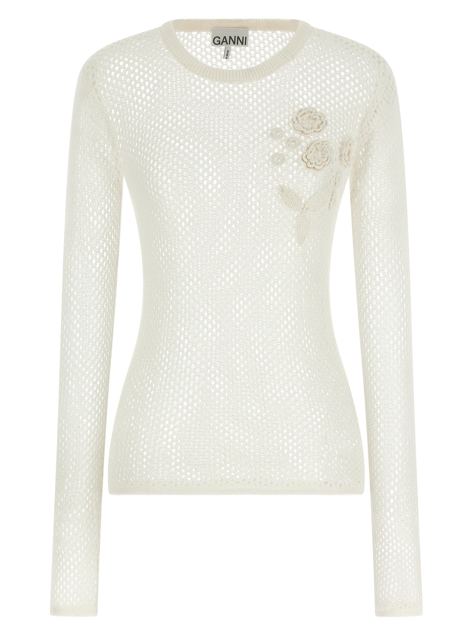 Ganni Pointelle Cotton with Floral Appliqué Sweater — Cream