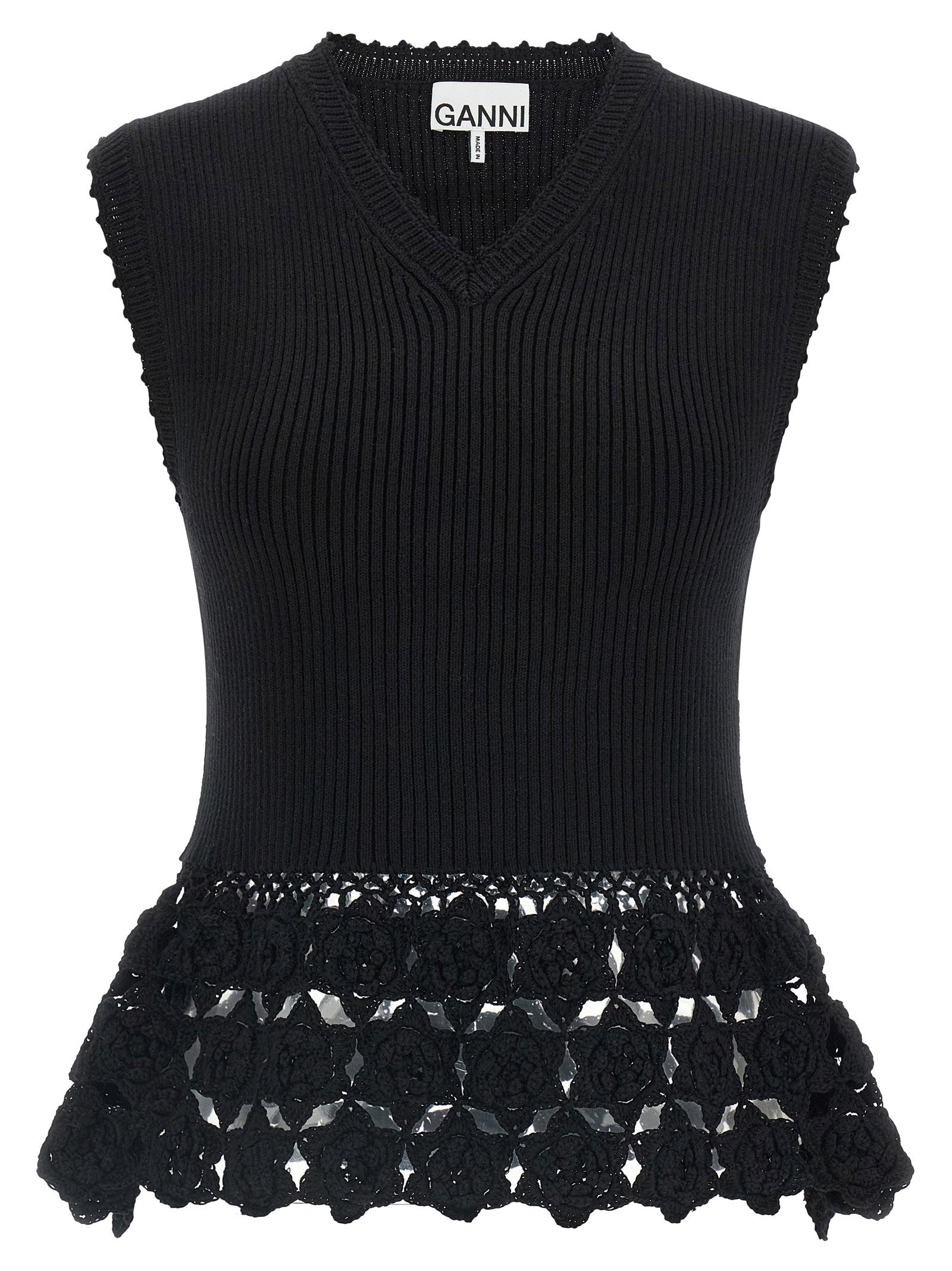 Ganni Ribbed Organic Cotton with Crochet Hem Vest — Black