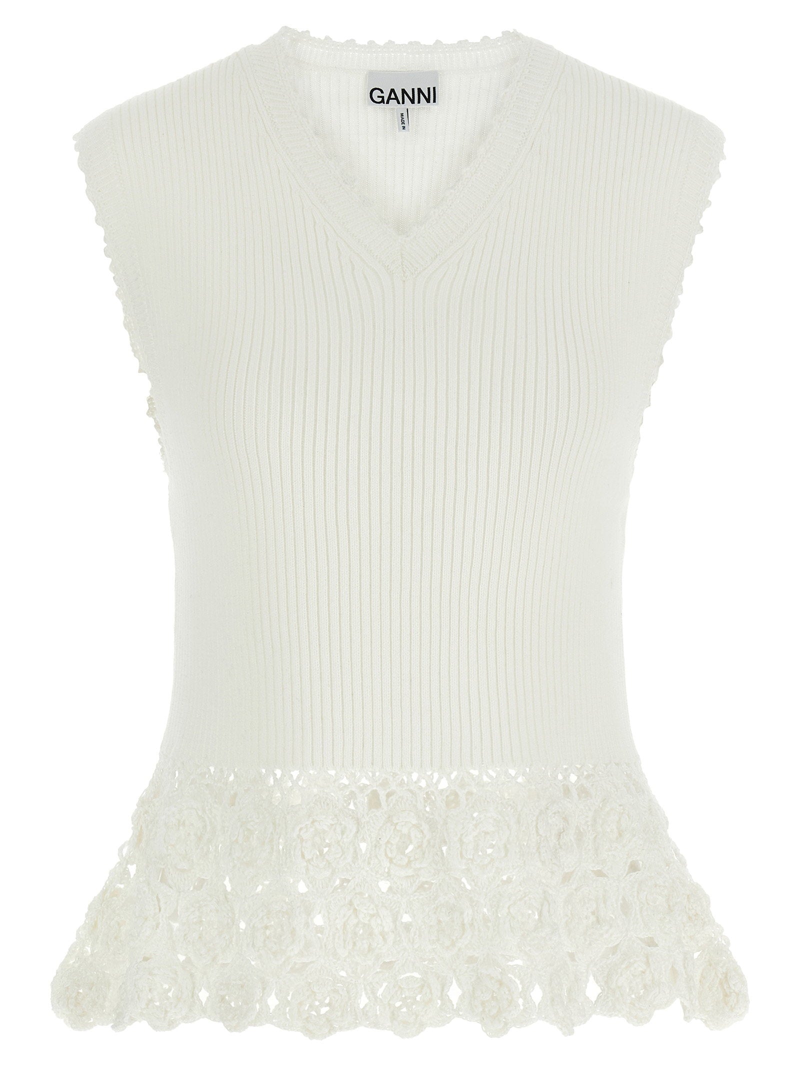 Ganni Ribbed Crochet Cotton Vest — White