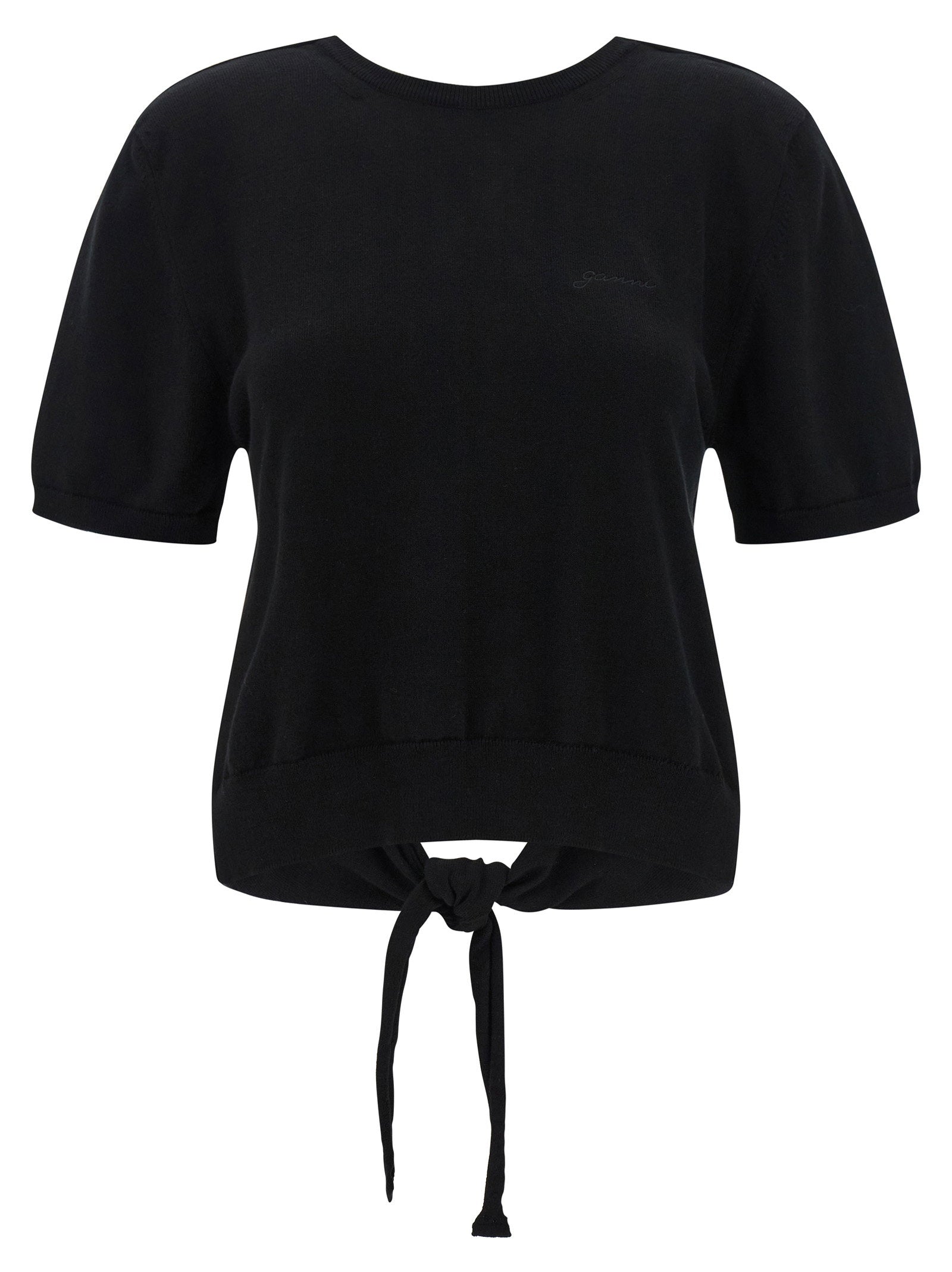 Ganni Tie-Front Cotton Sweater — Black