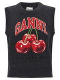 Ganni Cherry Jacquard Knit Vest — Black