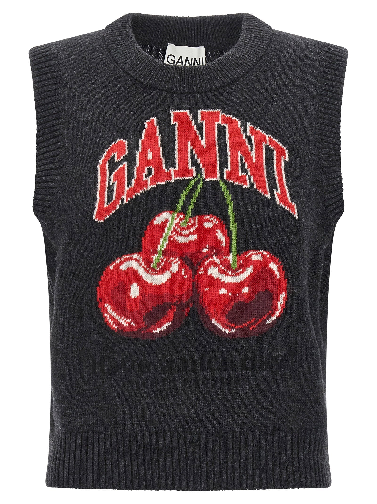 Ganni Cherry Jacquard Knit Vest — Black