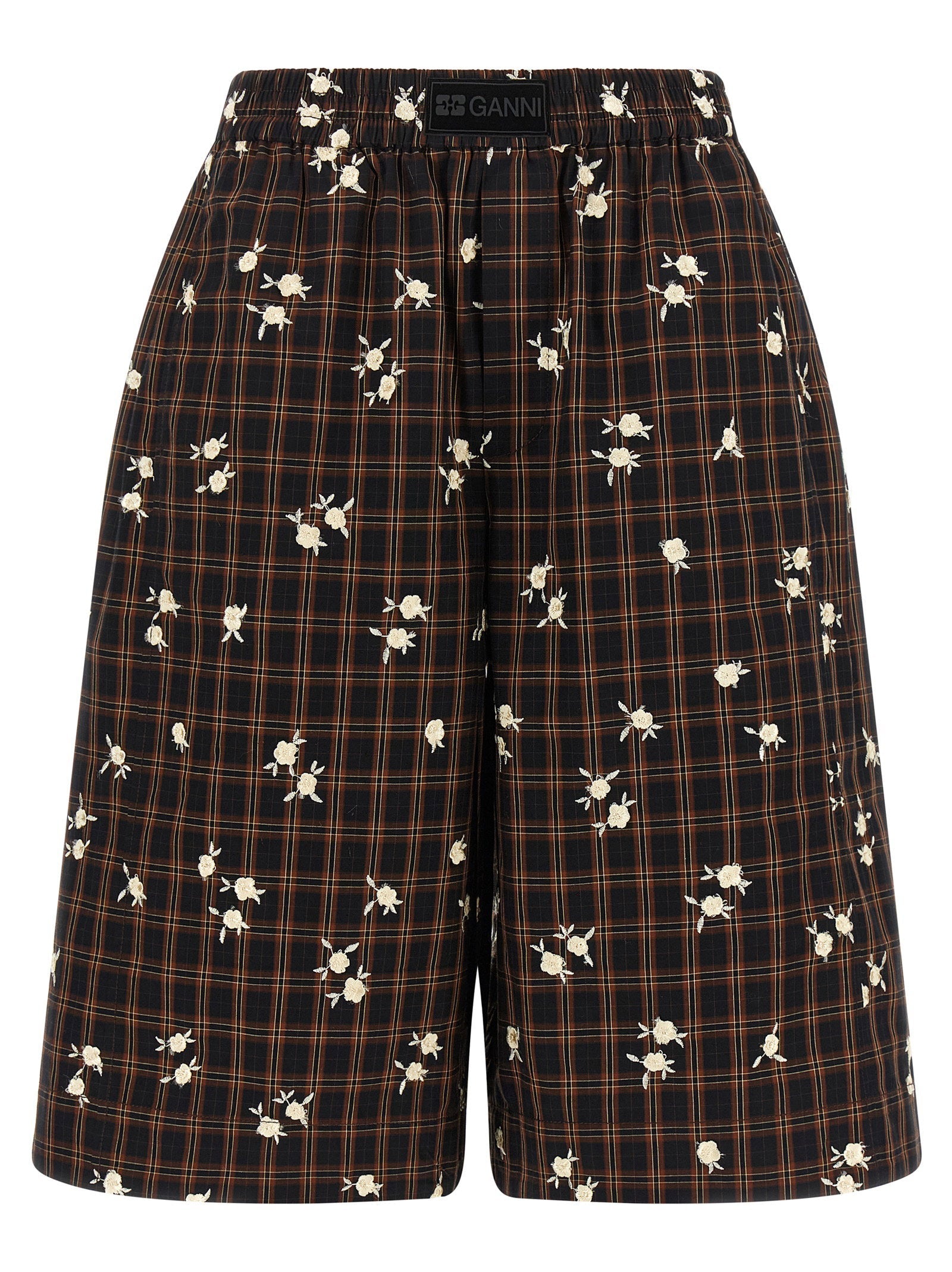Ganni Check Floral Embroidered Bermuda Shorts — Black