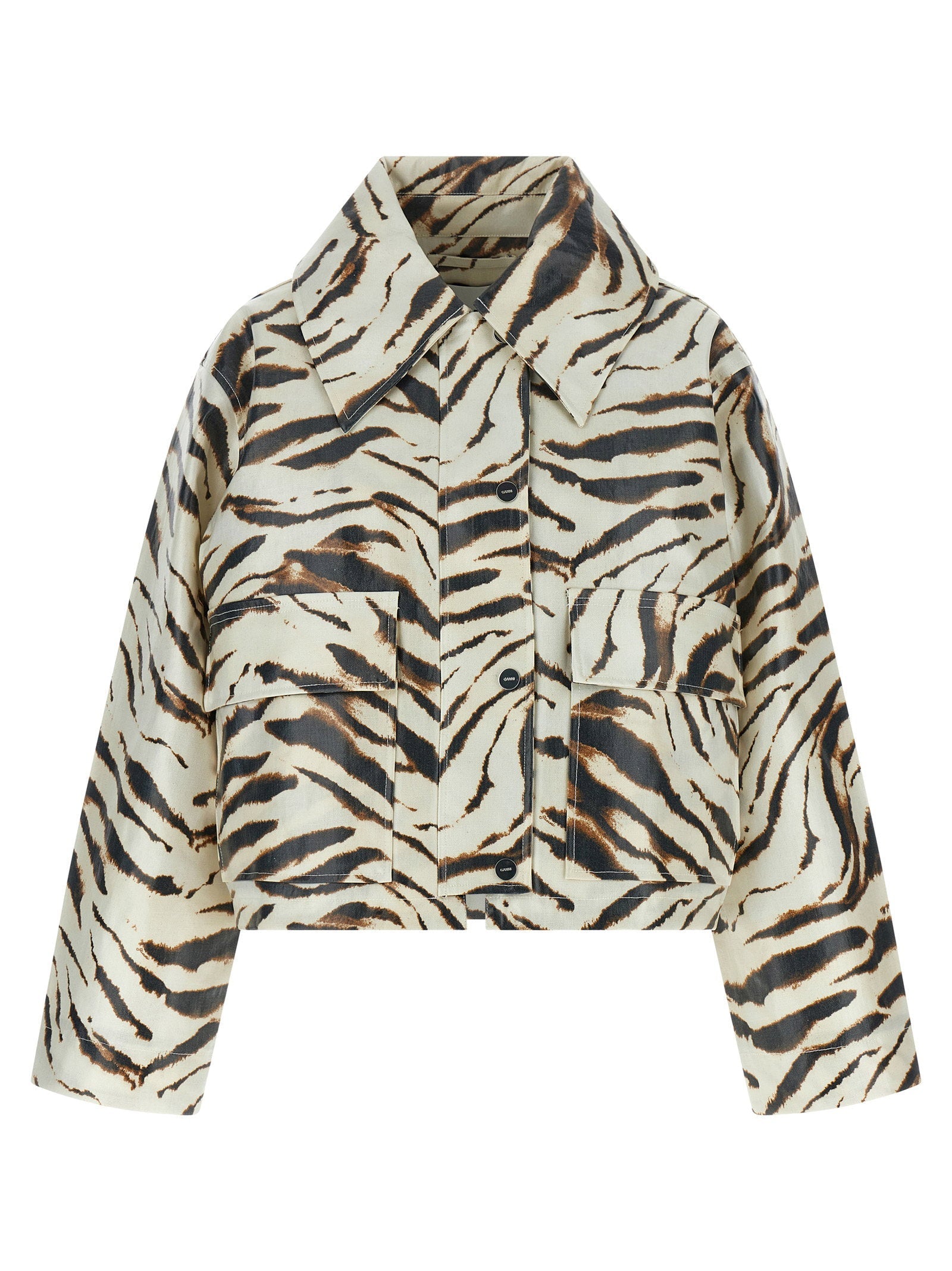 Ganni Zebra-Print Laminated Jacket — Cream