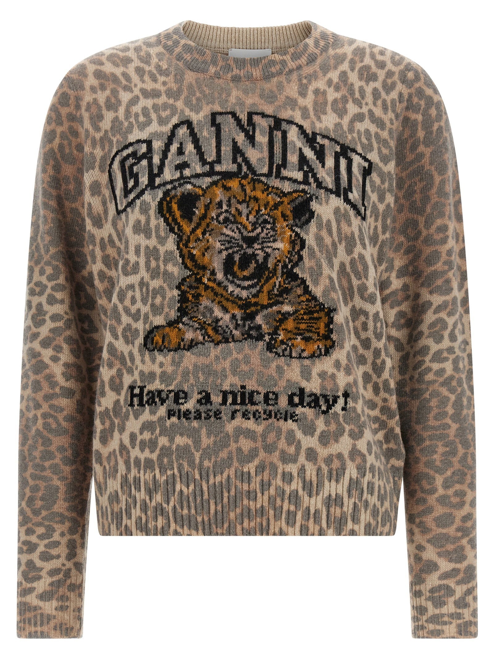 Ganni Leopard-Print Intarsia Sweater — cream