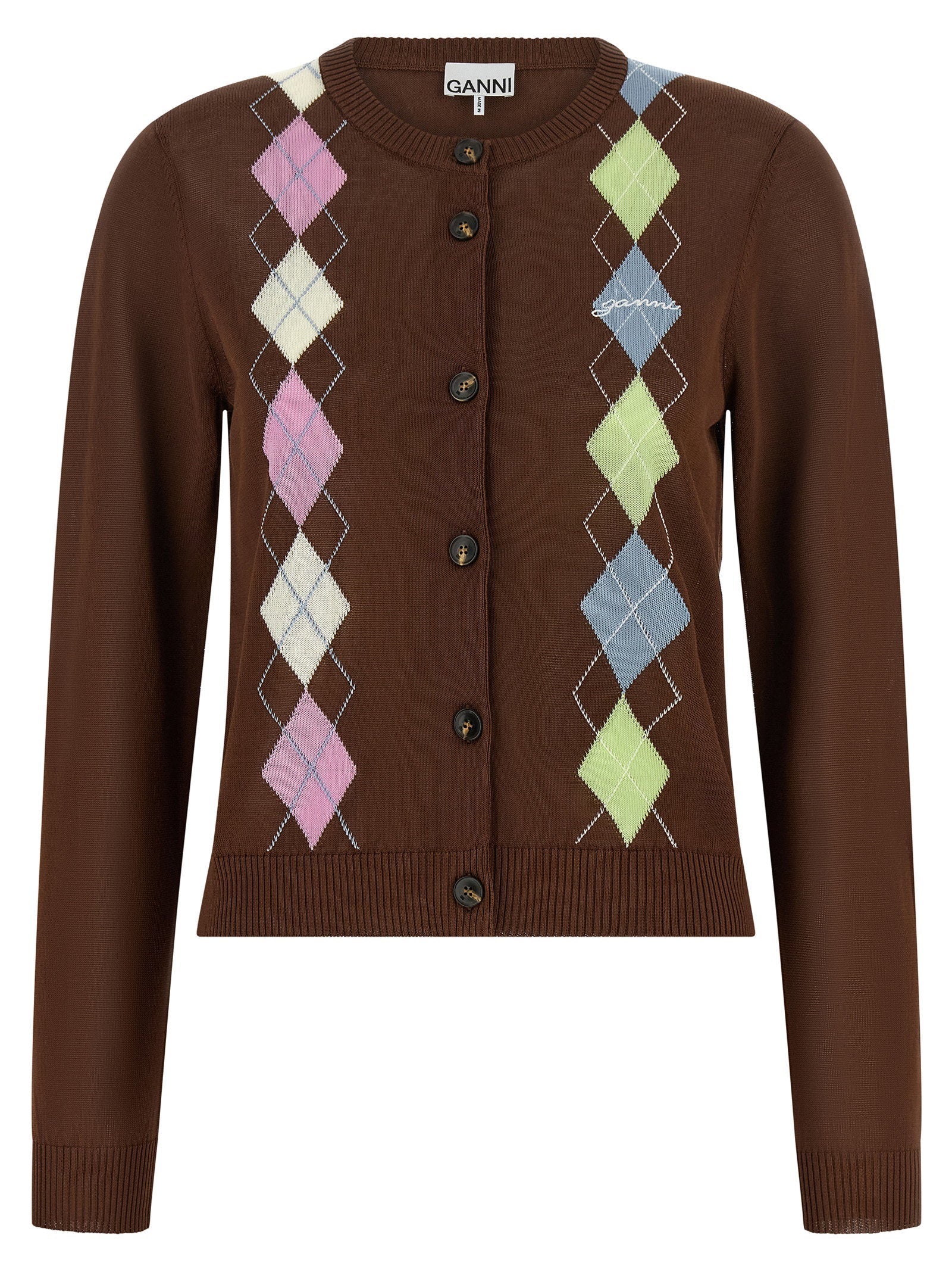 Ganni Argyle Intarsia Cardigan — Brown