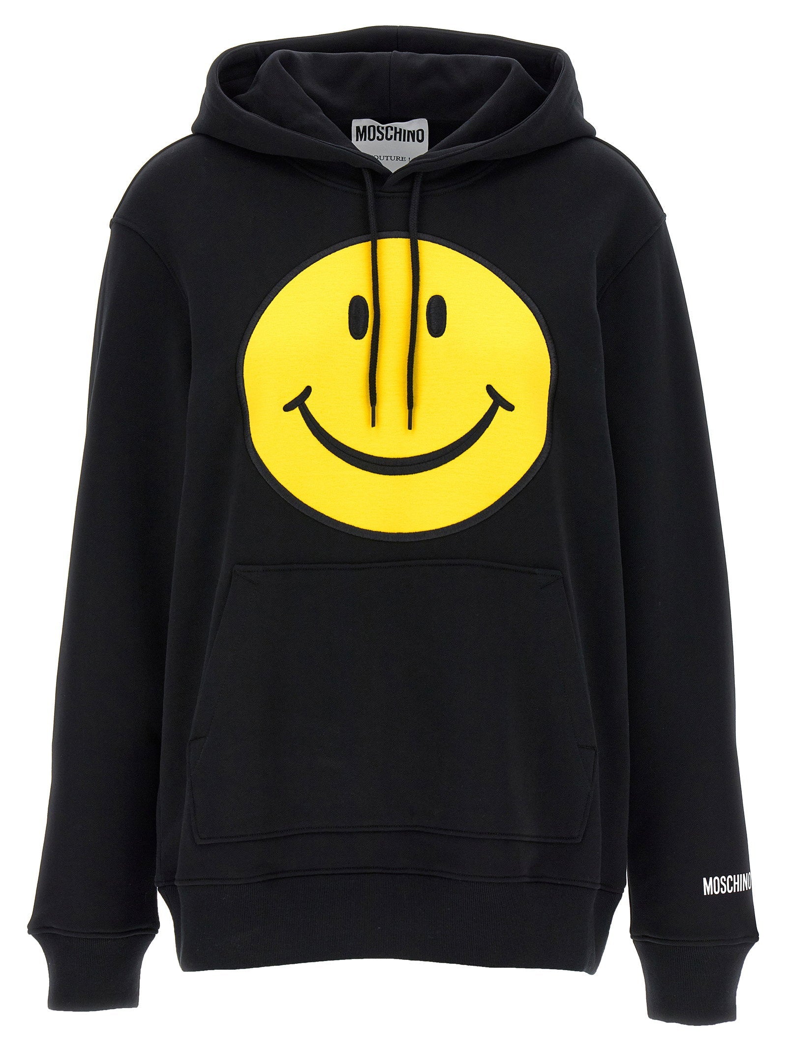 Moschino Smiley-Embroidered Cotton Hoodie — Black