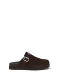 Prada Suede Buckle-Strap Mule — Brown