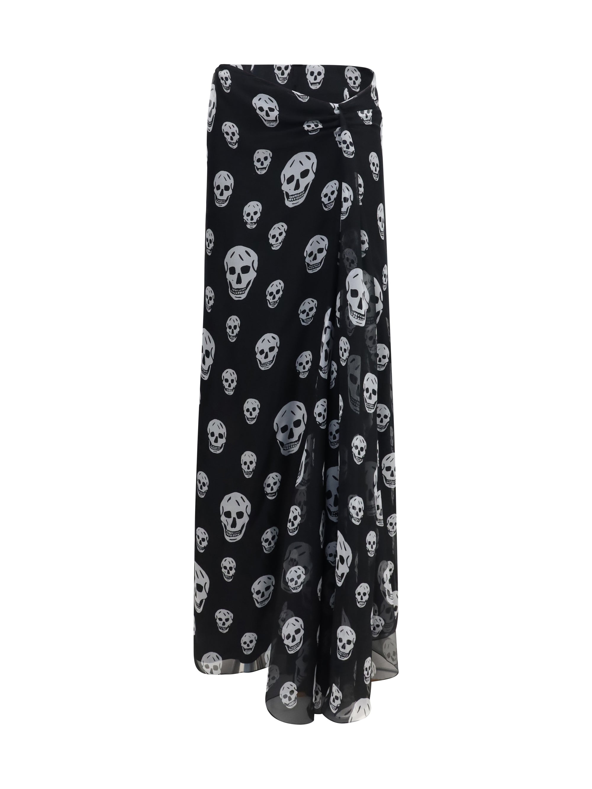 Alexander McQueen Skull-Print Silk Draped Skirt — Black