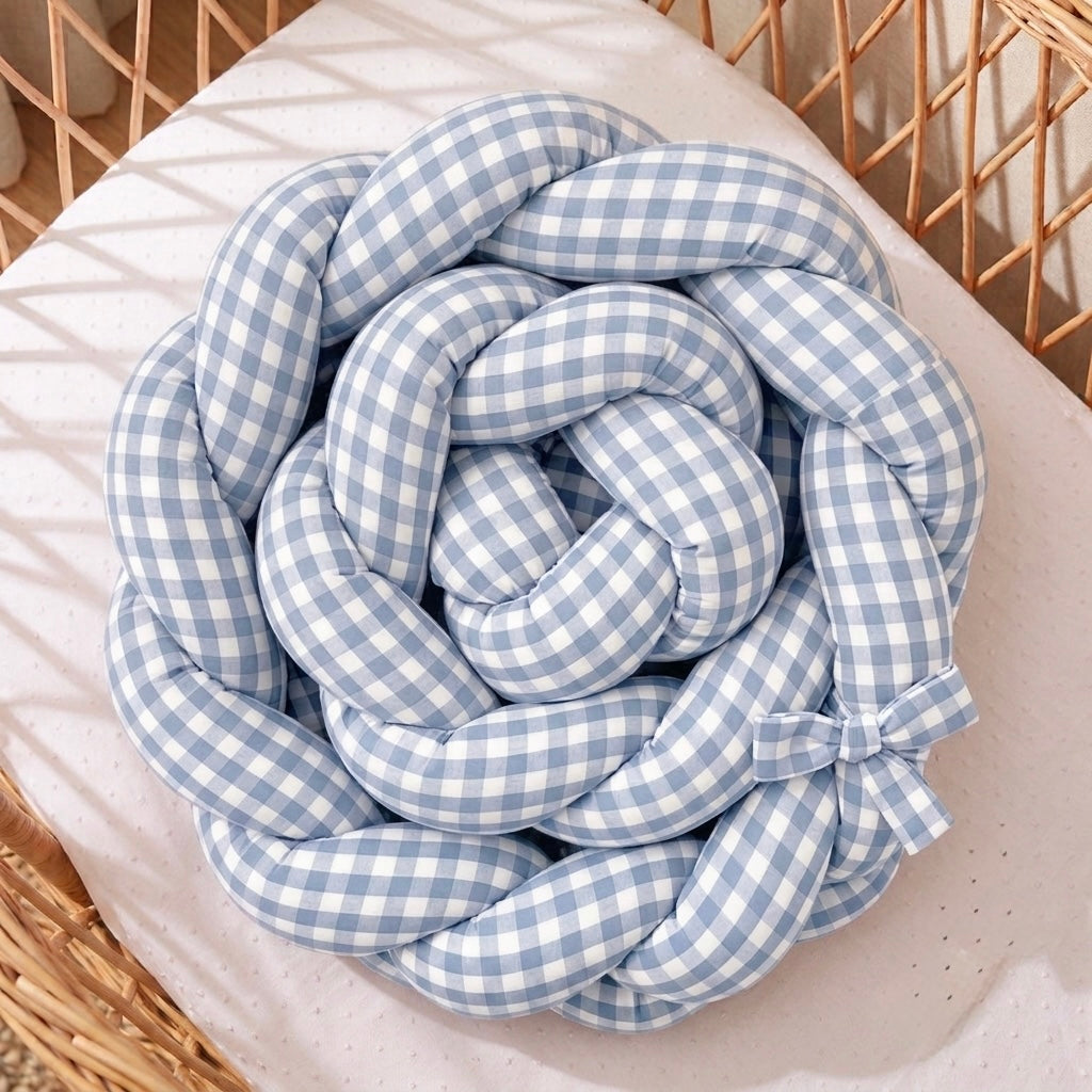 Trenza Protectora VICHY Grande CELESTE Cuna y Cama 200cm en Algodón | Sueños de Cigüeña