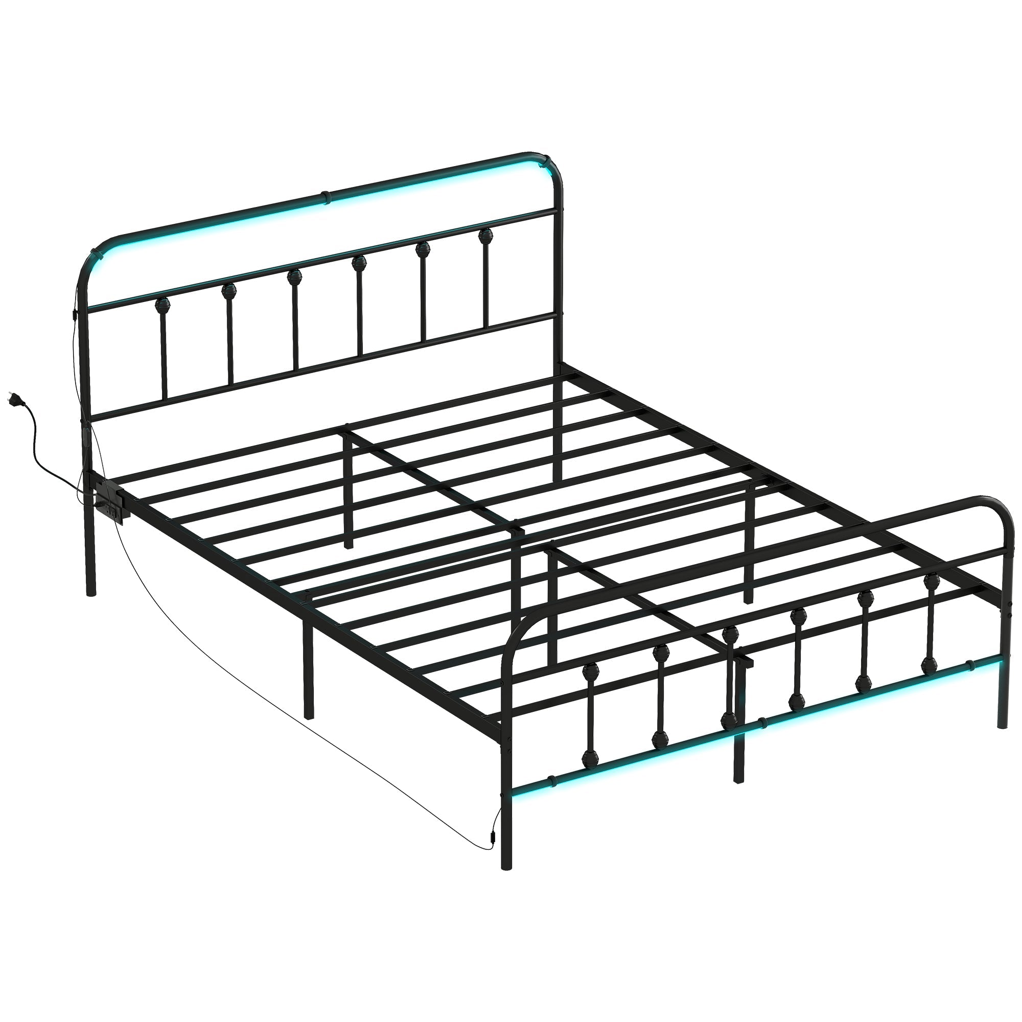 Queen Bed Frame with LED Lights and Charging Station, Metal Platform Bed Frame, Black