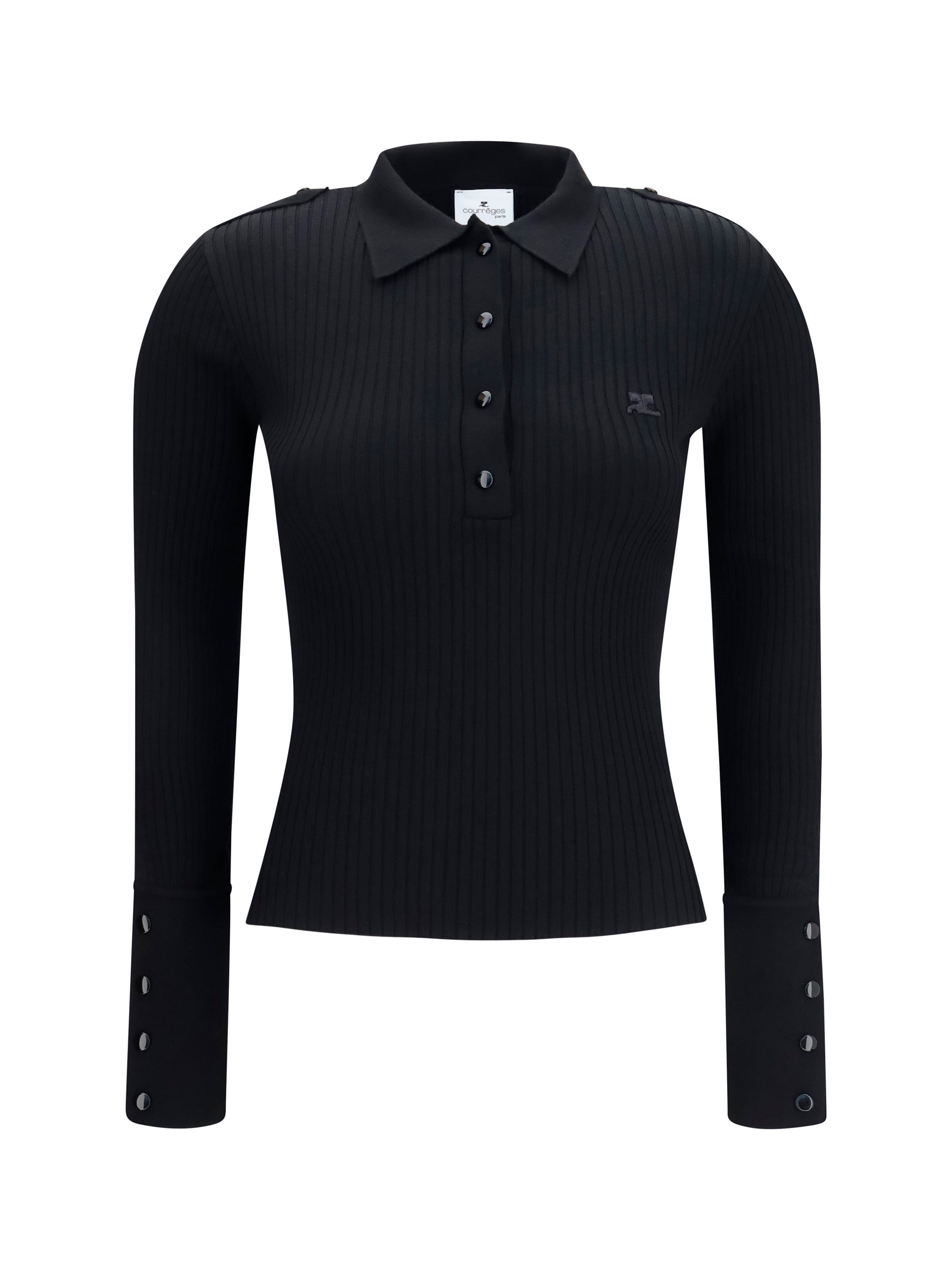 CourrèGes Ribbed Knit Polo Shirt — Black