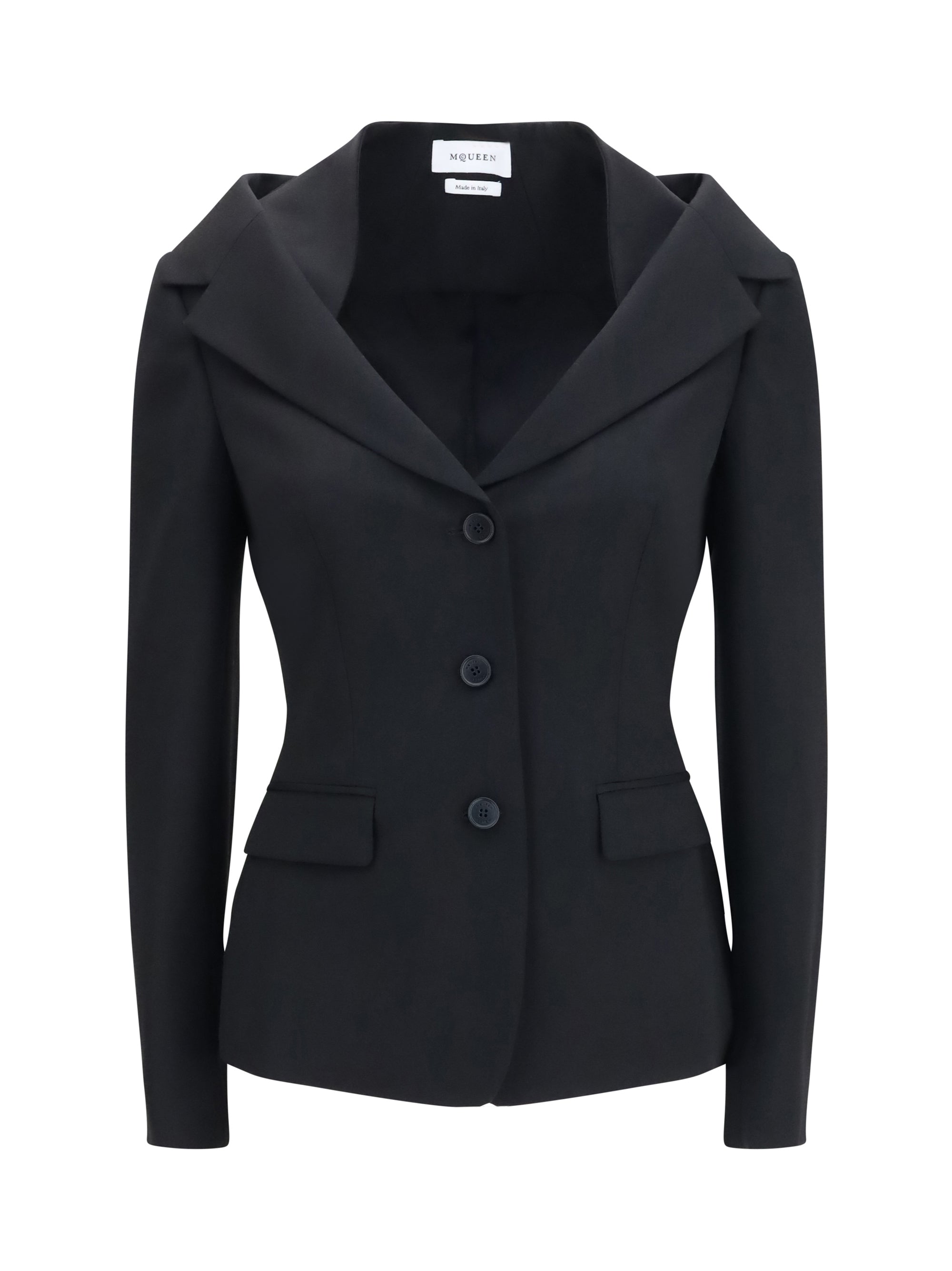 Alexander McQueen Structured Off-Shoulder Merino Wool Blazer — Black