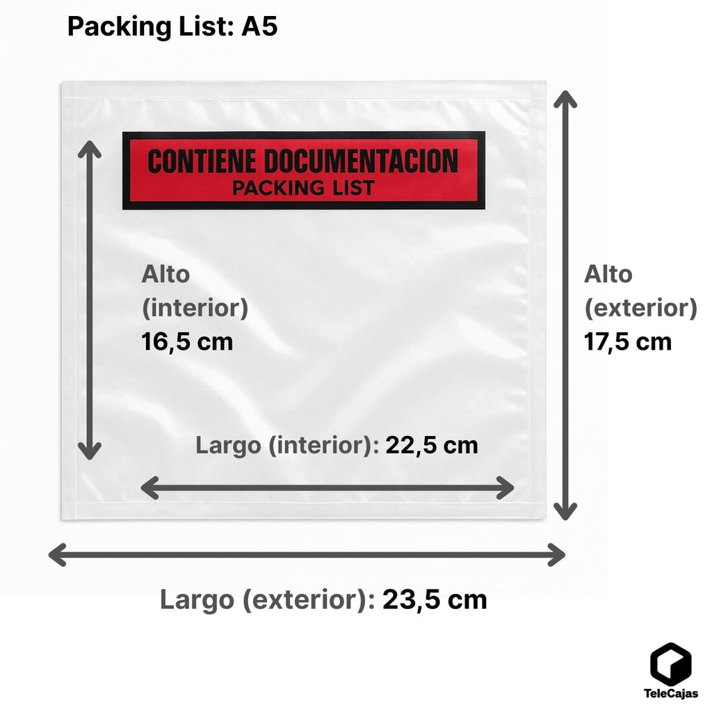 1000 Packing List A5+ | 225x165 mm (Interior); Exterior: 235x175 mm | Sobre adhesivo para Albaranes y Documentación | Tamaño A5 | Pack de 1000 Bolsas