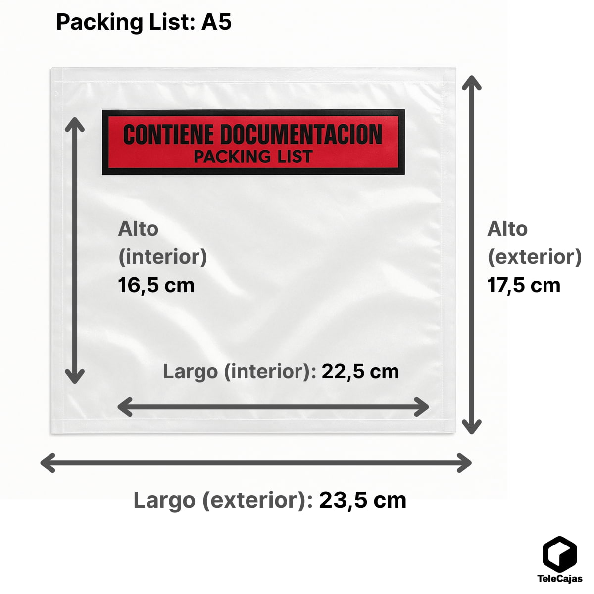 1000 Packing List A5+ | 225x165 mm (Interior); Exterior: 235x175 mm | Sobre adhesivo para Albaranes y Documentación | Tamaño A5 | Pack de 1000 Bolsas