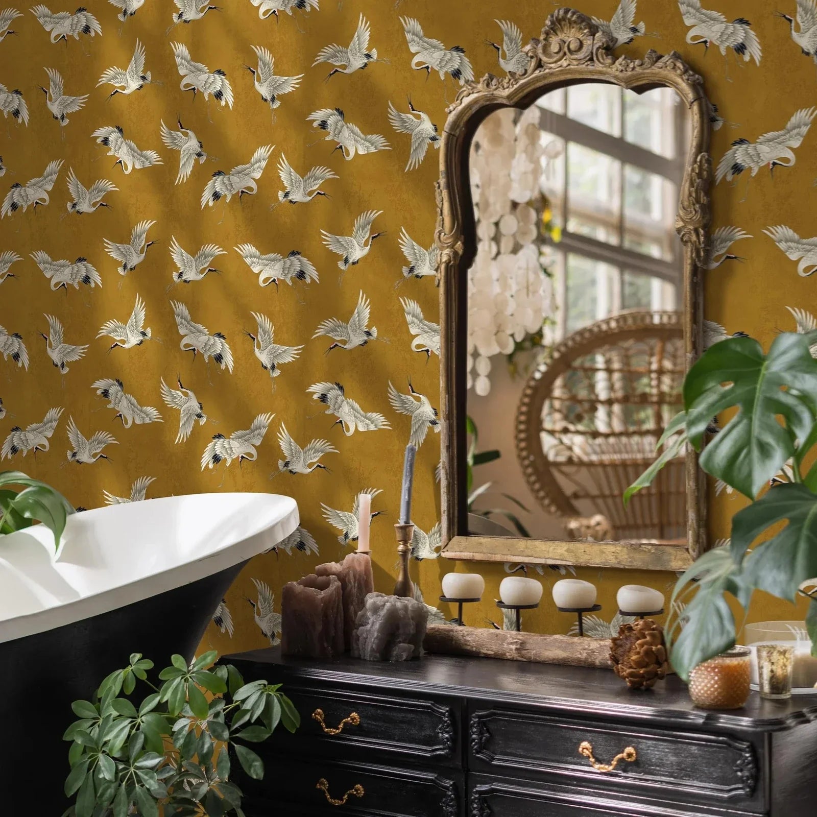 Japanese Flying Cranes Chinoiserie Wallpaper