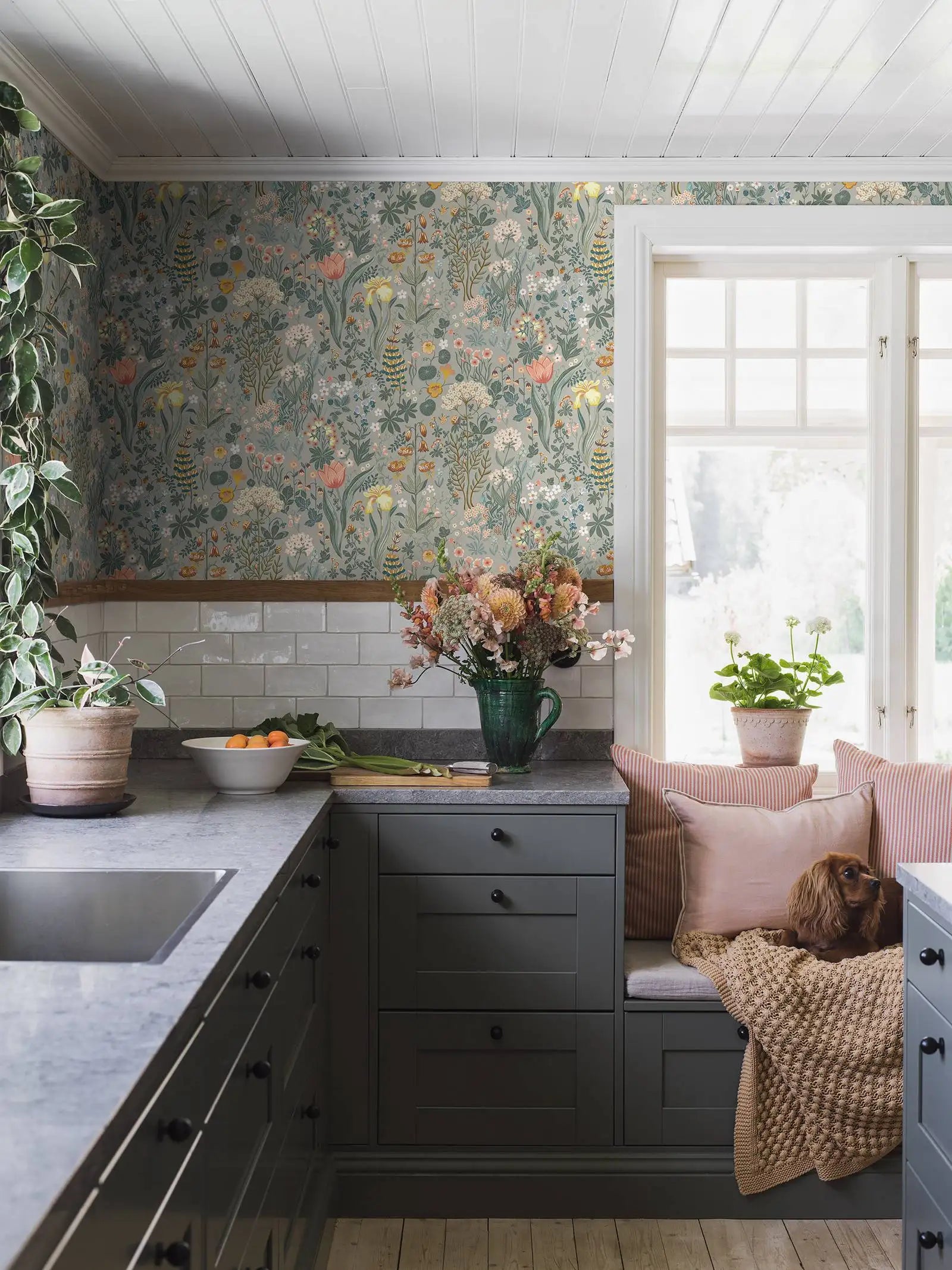 Mixed Blooms and Foliage Floral Wallpaper
