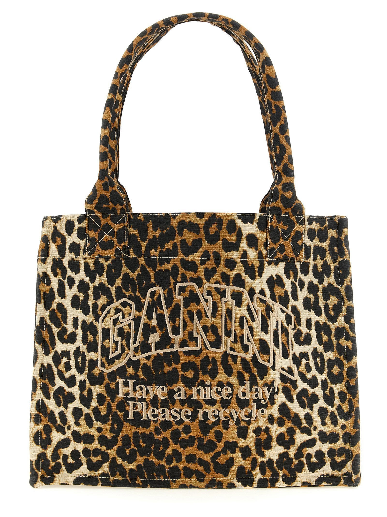 Ganni Leopard-Print Recycled Cotton Tote Bag — Brown
