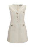 Self-Portrait Bouclé with Gold Button Detail Mini Dress — Cream