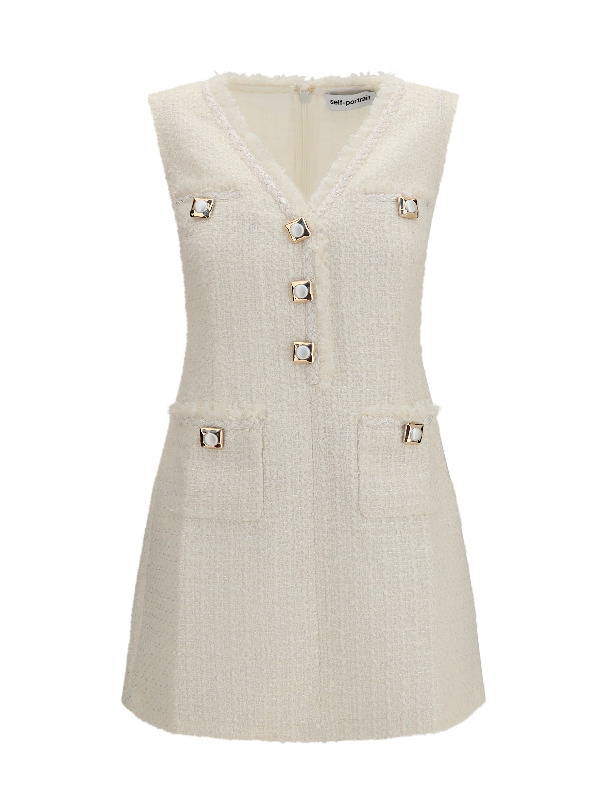 Self-Portrait Bouclé with Gold Button Detail Mini Dress — Cream