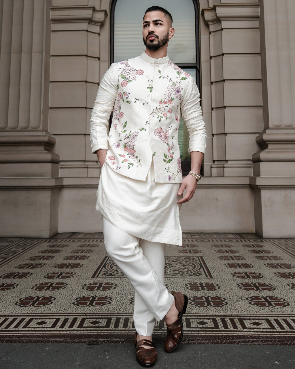 Porcelain Petals Nehru Jacket Set By KYNAH, Luxury Indian Fashion & Bridal Wear