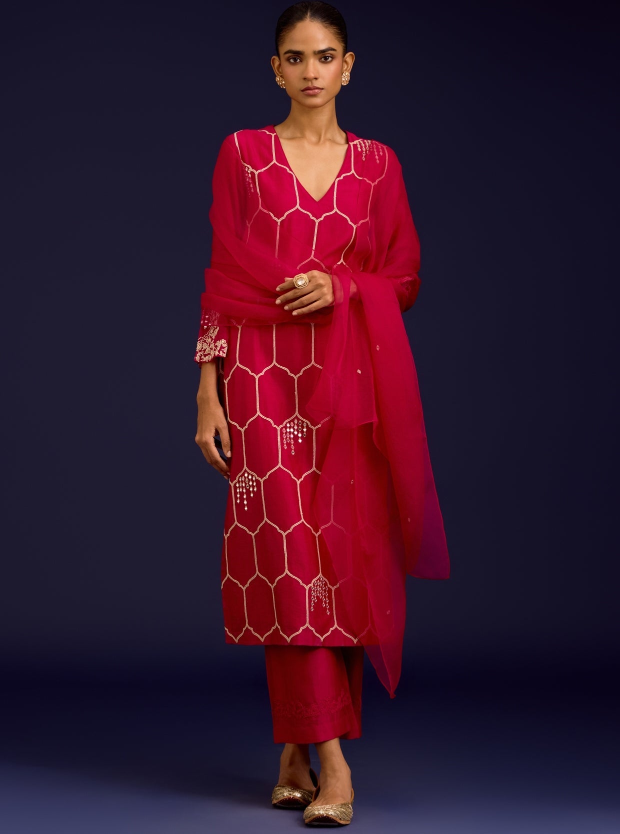 Fuchsia Sequins, Mirror And Dori Embroidered Kurta Set By KYNAH, Luxury Indian Fashion & Bridal Wear