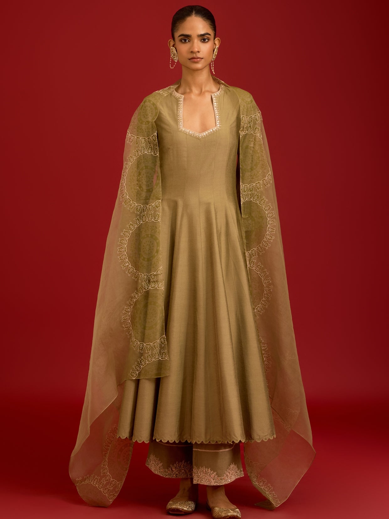 Pistachio Green Cotton Silk Blend Sequins, Mirror And Dori Embroidered Anarkali Set By KYNAH, Luxury Indian Fashion & Bridal Wear