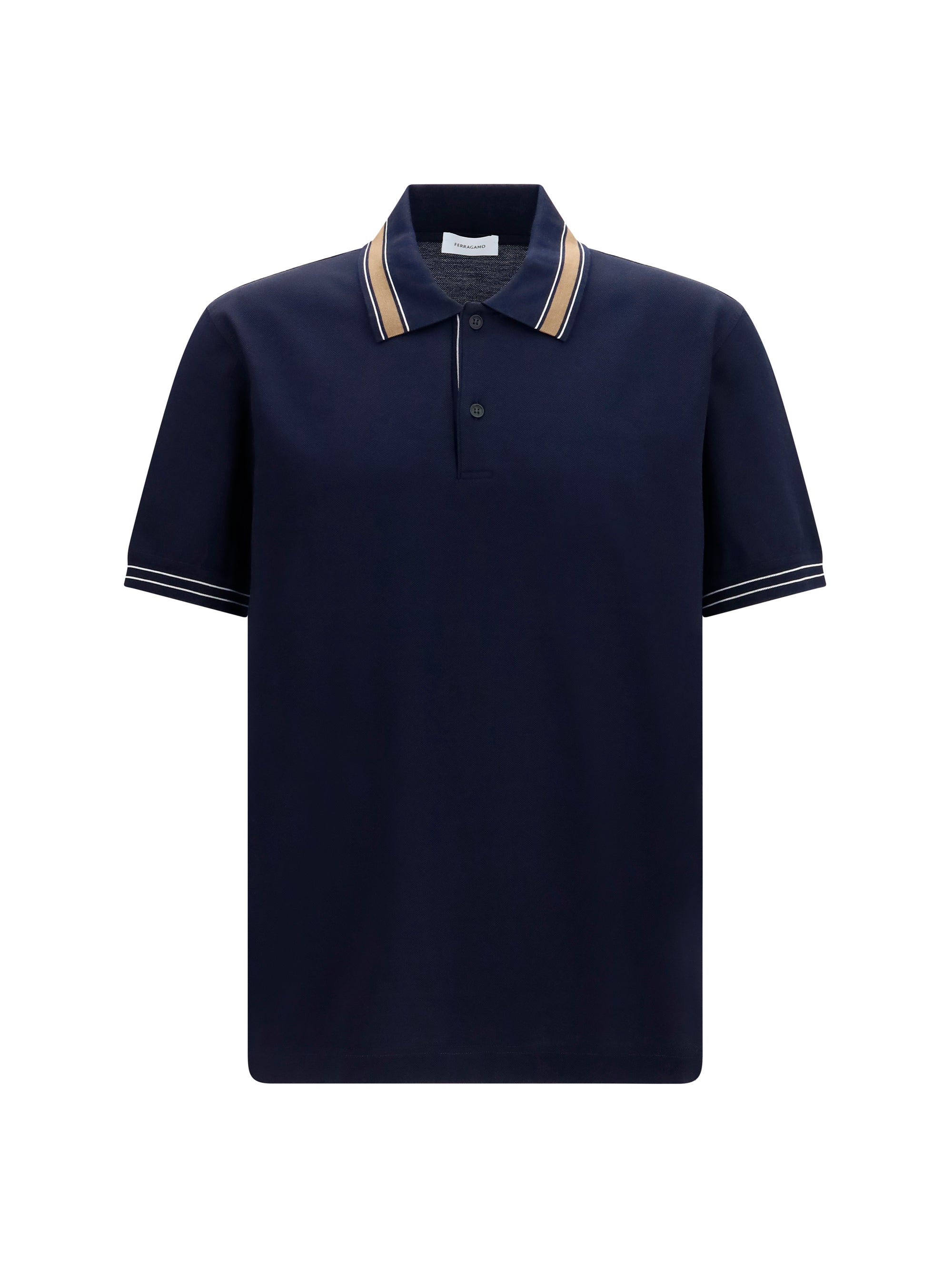 Ferragamo Striped Ribbed Collar Polo Shirt — Navy