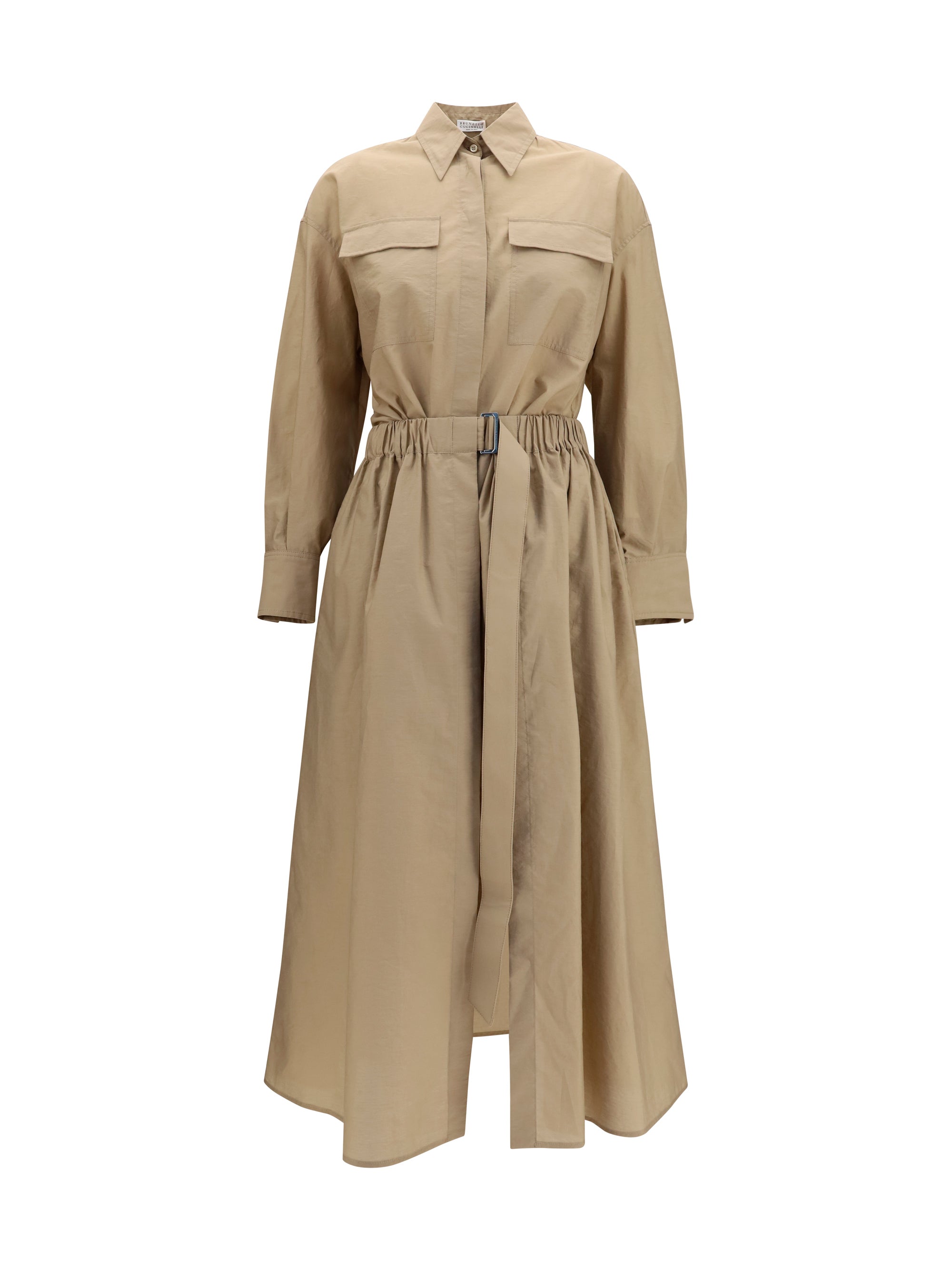 Brunello Cucinelli Shirt-and-Skirt Button-Front Cotton Dress — Beige