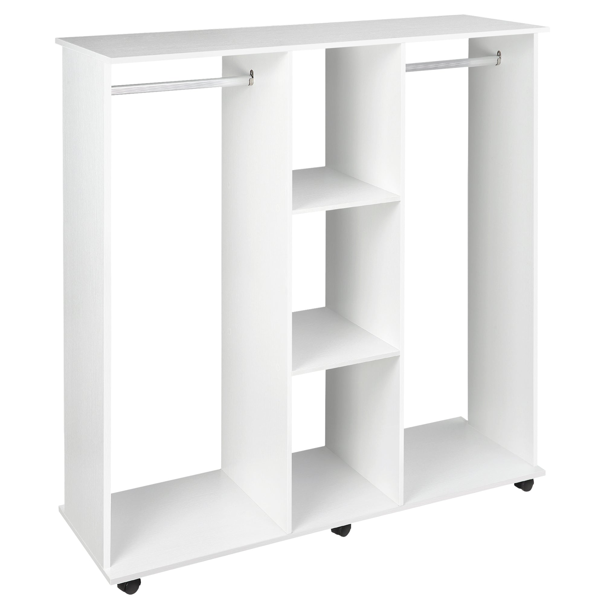 Double Open Wardrobe on Wheels with Clothes Rail, 3 Storage Shelves for Cloakroom, White