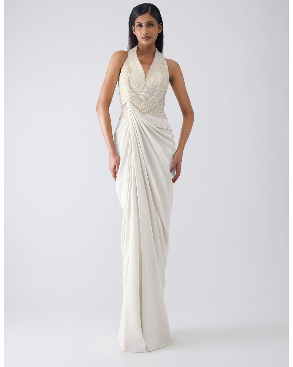 Metallic Moulded Ivory Gown By KYNAH, Luxury Indian Fashion & Bridal Wear