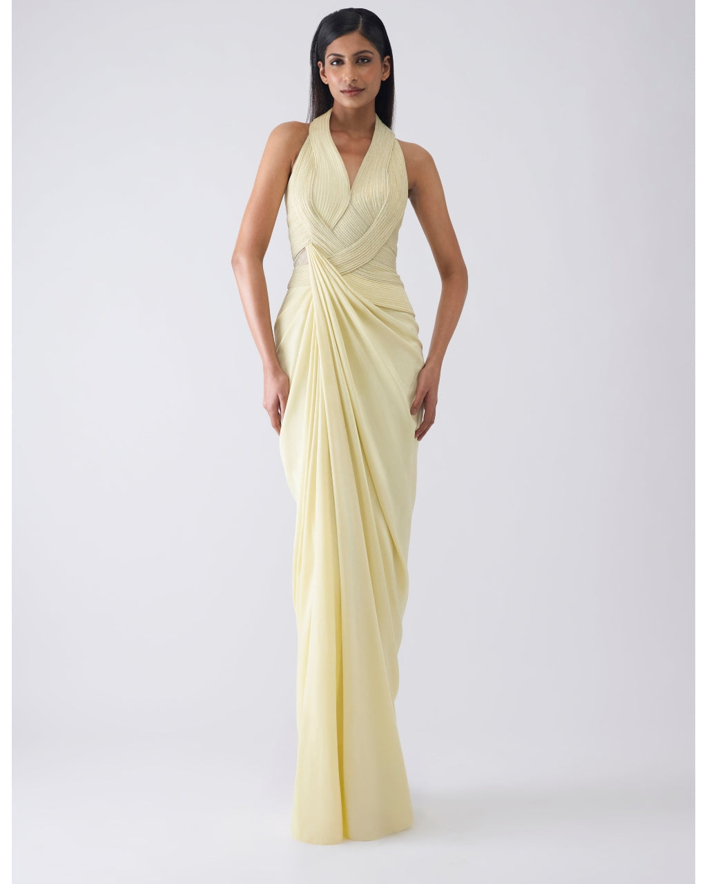 Metallic Moulded Yellow Gown By KYNAH, Luxury Indian Fashion & Bridal Wear