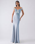 Moulded Metallic Blue Gown By KYNAH, Luxury Indian Fashion & Bridal Wear