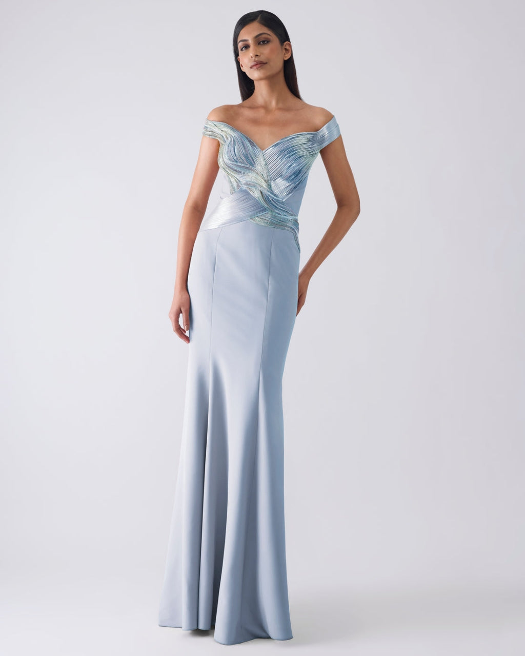 Moulded Metallic Blue Gown By KYNAH, Luxury Indian Fashion & Bridal Wear