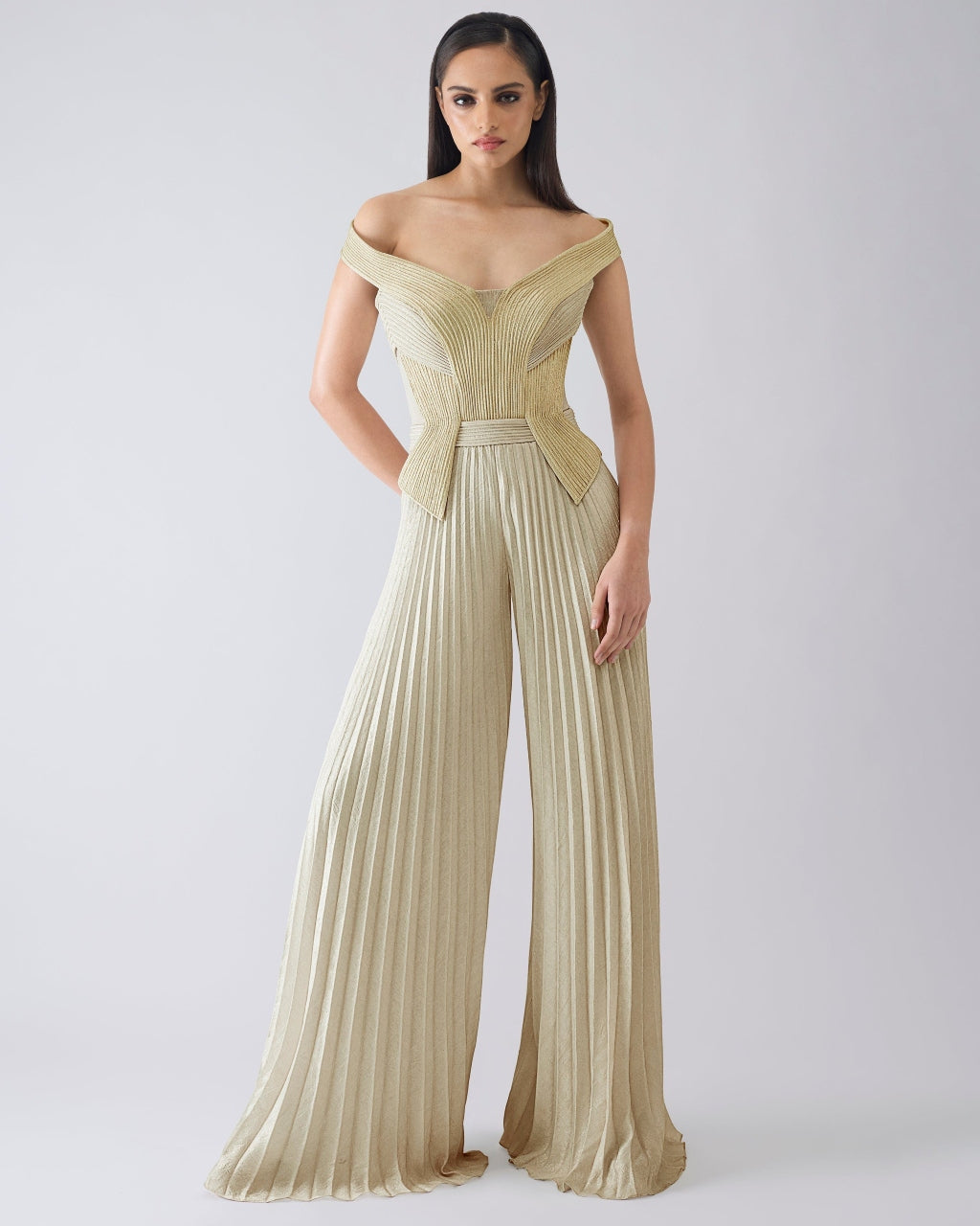 Structured Plisse Yellow Jumpsuit By KYNAH, Luxury Indian Fashion & Bridal Wear