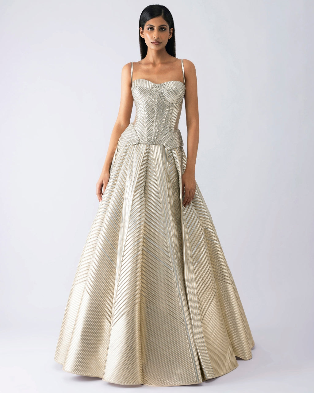 Metallic Structured Beige Corset And Skirt By KYNAH, Luxury Indian Fashion & Bridal Wear
